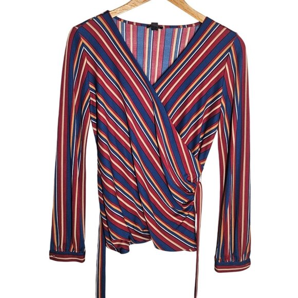 Ann Taylor Petite Striped Wrap Top SP Red & Blue Long Sleeve. - Picture 1 of 12